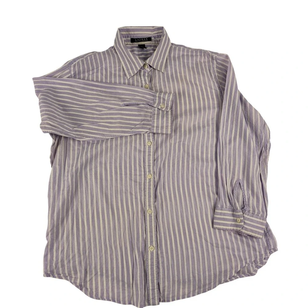 Lauren Ralph Lauren Womens Purple White Striped Cotton Button Down Shirt Large - Picture 2 of 11